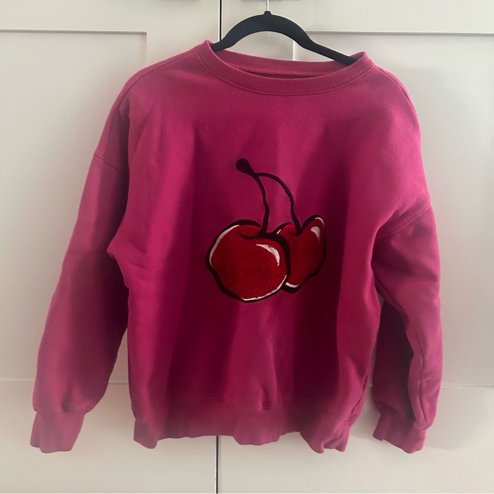 Oversized Pink Crewneck Sweater with Cherry Design